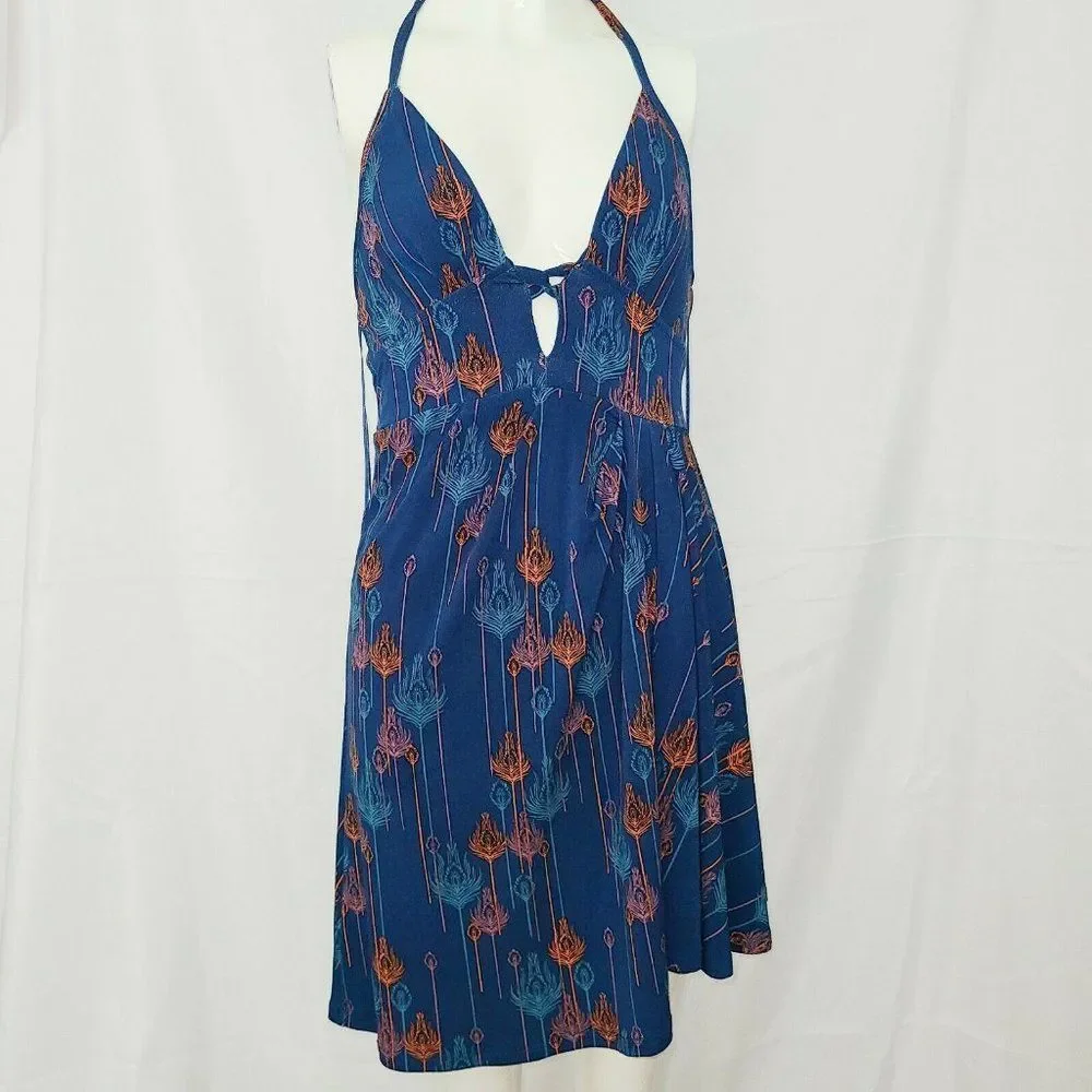 Free People Blue Peacock feather print Lined Halter Dress Boho Extra Small XS - Picture 1 of 11